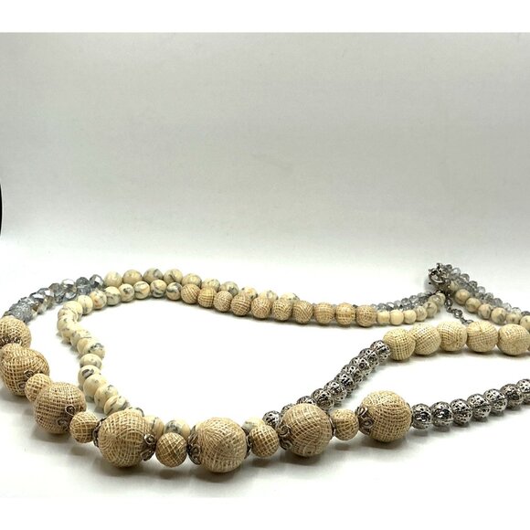 Layered Mixed Bead Necklace With Beige and Silver Tones Adjustable Clasp - Picture 5 of 8